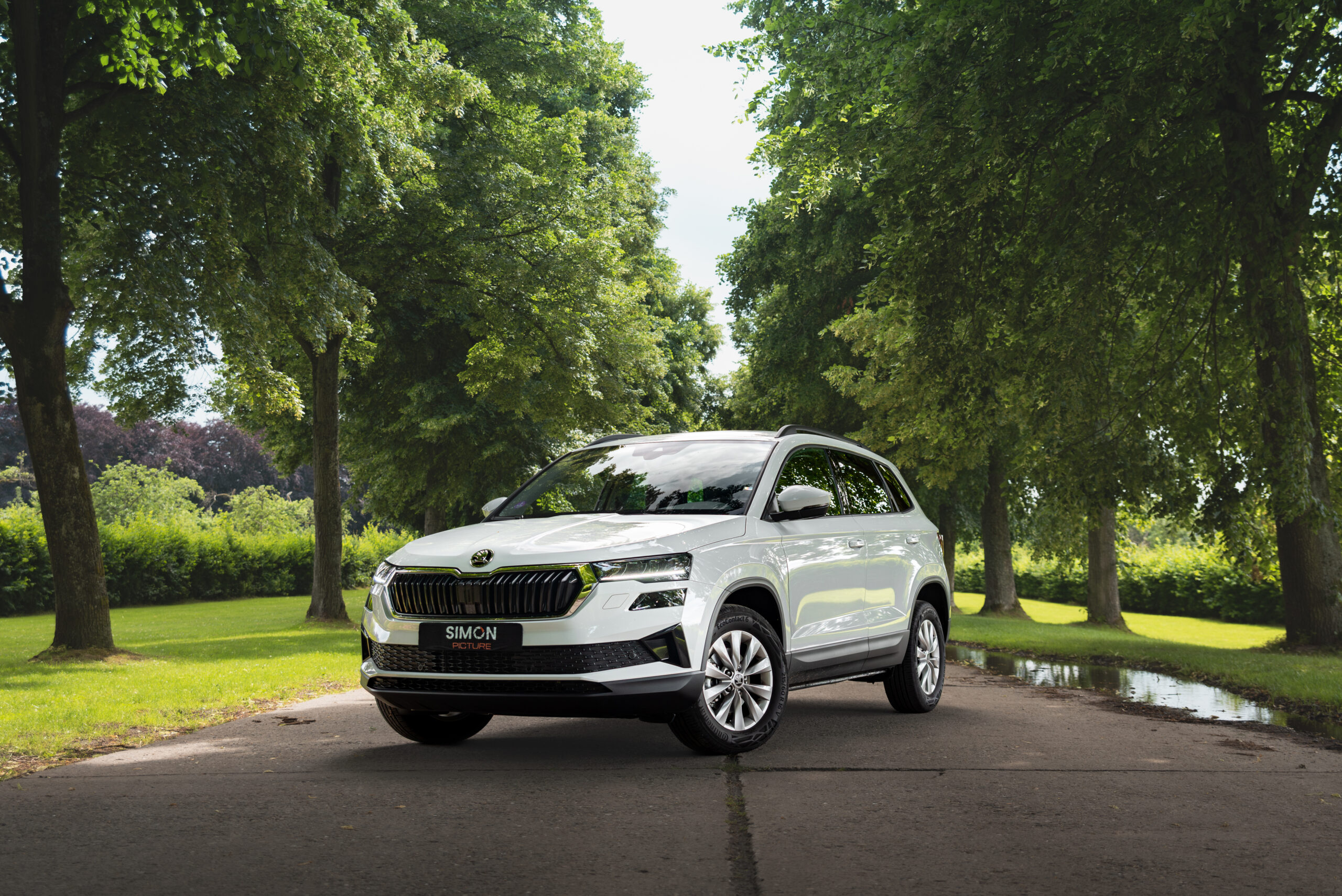 Un SUV Skoda Kamiq blanc photographié de trois-quarts avant, au milieu d'une route de campagne bordée par une double rangée d'arbres.